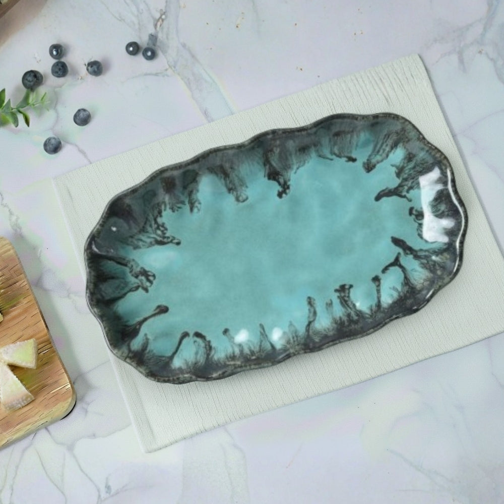 crinkle ocean blue ceramic rectangular 32cm platter set of 2 with textured finish for serving snacks and appetizers